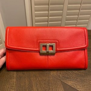 Calvin Klein oversized clutch: bright red pebble leather, gold clasp, 14” x 7.5”